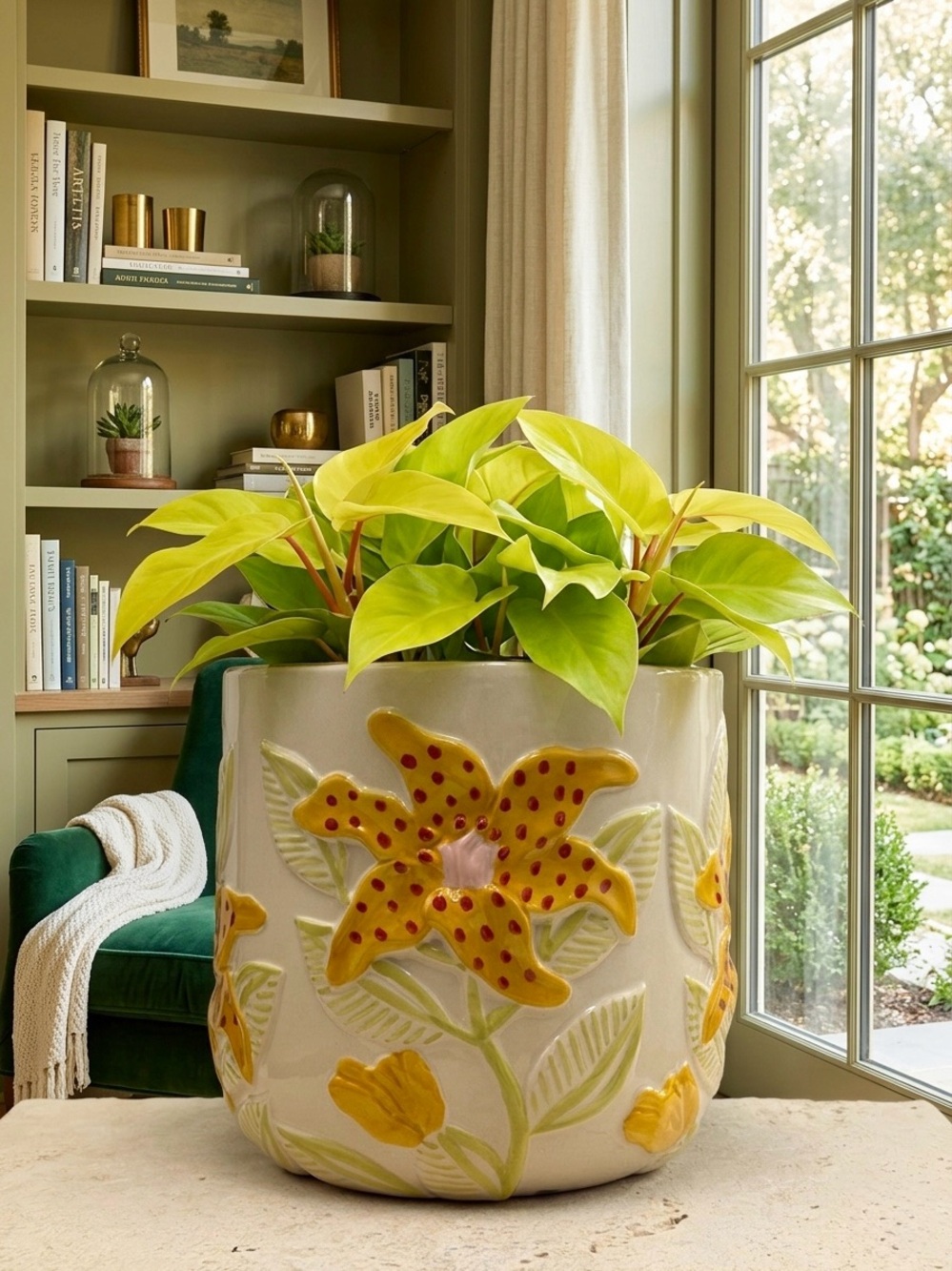 Large Yellow Lily Floral Ceramic Planter - 7" Decorative Flower Pot